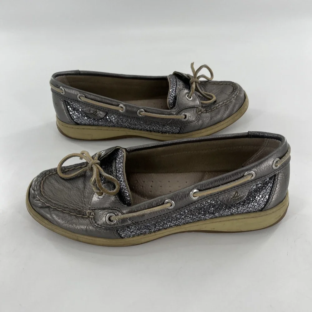 Sperry Angelfish Top-Sider Women 9 Silver Leather Shimmer Boat Shoe Preppy Deck‎